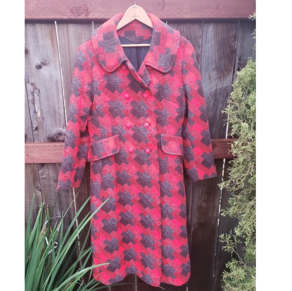 Union Made vintage wool trench coat plaid red MED